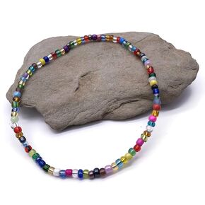 Large Multi-Color Glass Seed Bead Anklet on Elastic - Colorful Handmade Design - L 11 inches