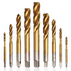 Mesee 9 Pieces Spiral Flute Tap Set, Titanium Coated HSS Metric Thread Machine Taps Drill Bits Screw Thread Tapping Tool - M2 M2.5 M3 M4 M5 M6 M8 M10 M12