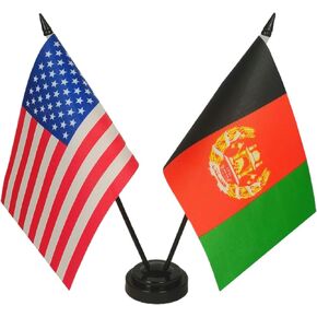 America & Afghanistan Twin Flag Desk Set, US Afghanistan Table Flags, 8 x 5 Inches American & Afghans Deluxe Desk Flag Set - Miniature USA & Afghanistan Stick Flag With Flag Stand