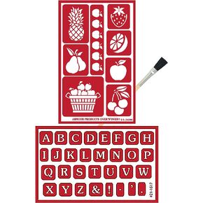 2 Armour Etch Over N Over Reusable Glass Etching Stencils - Fruit Stencil, Alphabet Stencil | Food Theme Design Fruits Stencil, Letter Stencil | Self Stick Stencils Set with Brush