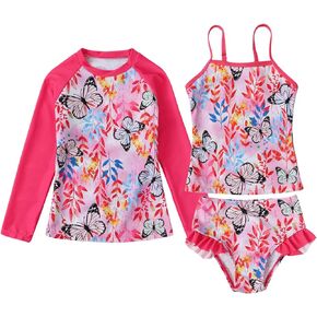 WonderBabe Girls 3-Piece Swimsuit Long Sleeve Rash Guard Set Tankini Sets Kids UPF 50+Beach Bathing Suits