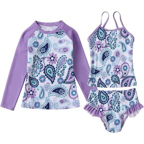 WonderBabe الفتيات 3 قطع ملابس السباحة طويلة الأكمام طفح الحرس مجموعة Tankini مجموعات الأطفال UPF 50 + ملابس السباحة الشاطئ