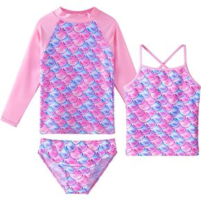 TFJH E 3PCS Long Sleeve Swimsuit for Girls Tankini Rash Guard Set UV 50+ Bathing Suits 3-12Y