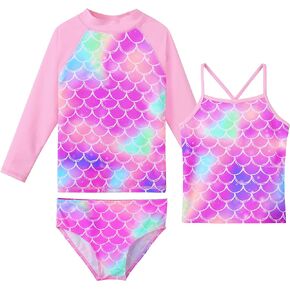 TFJH E 3 قطع ملابس سباحة بأكمام طويلة للفتيات مجموعة Tankini Rash Guard للأشعة فوق البنفسجية 50+ لباس سباحة 3-12 سنة