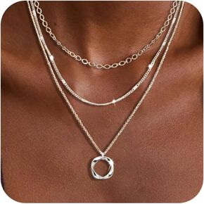 Layered Silver Necklaces for Women, 925 Sterling Silver Stackable Stack Choker Necklaces for Women Trendy Layering Circle Pendant Chain Necklace Set Jewelry Gifts for Women Teen Girls