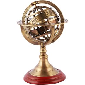 Nautical Brass Armillary Antique Vintage Zodiac Sphere Globe Wooden Display | Pirate's Antique Ship Décor (11 Inch)