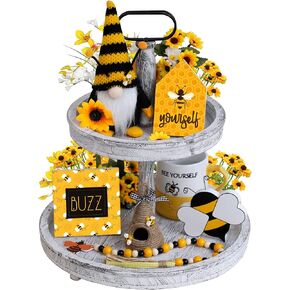 CRCZK Bee Decorations, Spring Farmhouse Honey bee Tiered Tray Decor,Bumble Bee Gnome Plush,3X Bee Wood Sign, Mini Bee Hive, Wood Bead Garland,Rustic Farmhouse Kitchen Table Bee Decor