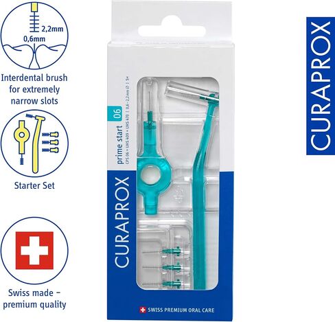 Curaprox CPS 06 Prime Start Interdental Brushes Set, 5 interdental Brushes CPS 06 Prime + 1 Holder UHS 409 + 1 Holder UHS 470, 0.6 mm to 2.2 mm, Turquoise in Saudi Arabia