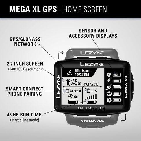 كمبيوتر دراجة LEZYNE Mega XL GPS، ملاحة خطوة بخطوة، وقت تشغيل 48 ساعة، قابل لإعادة الشحن عبر USB، ANT+ وبلوتوث ذكي، شرائح Strava، نظام GPS لركوب الدراجات in Saudi Arabia
