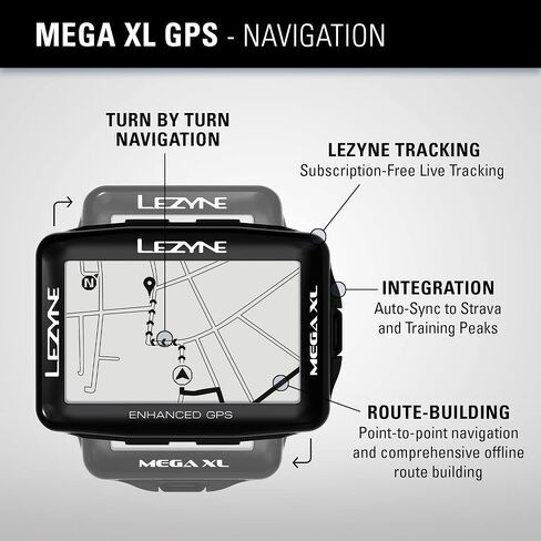 كمبيوتر دراجة LEZYNE Mega XL GPS، ملاحة خطوة بخطوة، وقت تشغيل 48 ساعة، قابل لإعادة الشحن عبر USB، ANT+ وبلوتوث ذكي، شرائح Strava، نظام GPS لركوب الدراجات in Saudi Arabia
