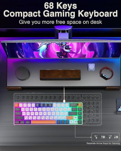 60 Percent Keyboard,RGB Backlit Gaming Keyboard USB-C Wired,Portable 68 Keys Compact Mini Keyboard for Business Trips,Office,PC Games (SK968,Blue&Orange) in Kuwait
