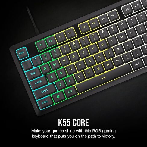 لوحة مفاتيح سلكية للألعاب من Corsair K55 CORE RGB Membrane - مفاتيح هادئة وسريعة الاستجابة - مقاومة الانسكاب - عشرة مناطق RGB - مفاتيح الوسائط - متوافقة مع iCUE - QWERTY NA - الكمبيوتر الشخصي، Mac - أسود in Saudi Arabia