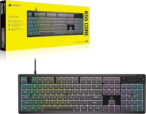 لوحة مفاتيح سلكية للألعاب من Corsair K55 CORE RGB Membrane - مفاتيح هادئة وسريعة الاستجابة - مقاومة الانسكاب - عشرة مناطق RGB - مفاتيح الوسائط - متوافقة مع iCUE - QWERTY NA - الكمبيوتر الشخصي، Mac - أسود in Saudi Arabia