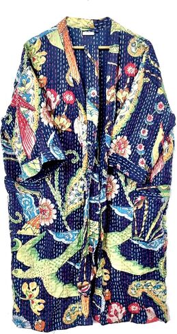 ملابس نسائية بطبعة الطاووس مصنوعة يدويًا ومريحة من Kantha Kimono ملابس مفتوحة من الأمام سترة قطنية خفيفة الوزن متوسطة الطول (أزرق داكن) in Kuwait