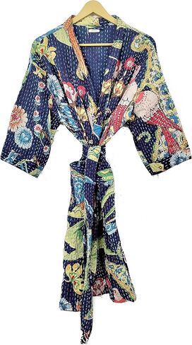 ملابس نسائية بطبعة الطاووس مصنوعة يدويًا ومريحة من Kantha Kimono ملابس مفتوحة من الأمام سترة قطنية خفيفة الوزن متوسطة الطول (أزرق داكن) in Kuwait