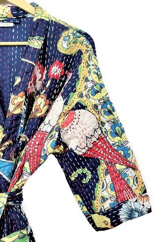 ملابس نسائية بطبعة الطاووس مصنوعة يدويًا ومريحة من Kantha Kimono ملابس مفتوحة من الأمام سترة قطنية خفيفة الوزن متوسطة الطول (أزرق داكن) in Kuwait