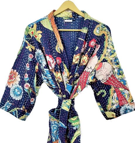 ملابس نسائية بطبعة الطاووس مصنوعة يدويًا ومريحة من Kantha Kimono ملابس مفتوحة من الأمام سترة قطنية خفيفة الوزن متوسطة الطول (أزرق داكن) in Kuwait