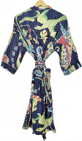 ملابس نسائية بطبعة الطاووس مصنوعة يدويًا ومريحة من Kantha Kimono ملابس مفتوحة من الأمام سترة قطنية خفيفة الوزن متوسطة الطول (أزرق داكن) in Kuwait