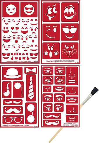 4 Armour Etch Over N Over Reusable Glass Etching Stencils Set | Emoji, Face, Mustache, Lips, Eye, Bow Tie Theme Stencil | Set Includes Brush, Total 5 Items in Saudi Arabia