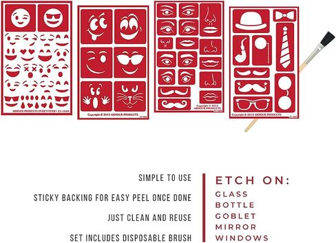4 Armour Etch Over N Over Reusable Glass Etching Stencils Set | Emoji, Face, Mustache, Lips, Eye, Bow Tie Theme Stencil | Set Includes Brush, Total 5 Items in Saudi Arabia
