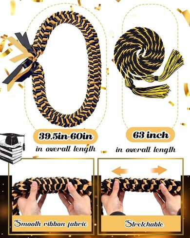 Cindeer Graduation Leis 2024 Graduation Ribbon Lei Graduation Cap Headband Graduation Honor Cords Class of 2024 Graduation Gift Braided Necklace for Men and Women Party Accessories(Black and Gold) in Saudi Arabia