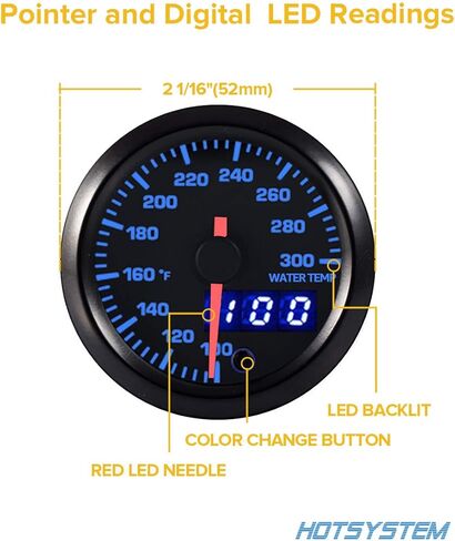 مجموعة قياس درجة حرارة مبرد الماء 7 ألوان 100-300 مؤشر فهرنهايت وقراءات رقمية LED 2-1/16 بوصة 52 مم قرص أسود لشاحنة السيارة (فهرنهايت) in Kuwait