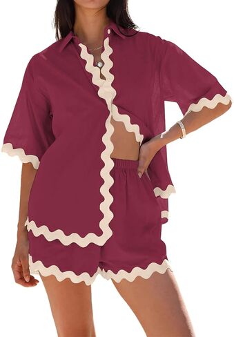 Danedvi Womens 2 Piece Outfits Beach Vacation Summer Short Sleeve Button Down Shirts and Shorts Lounge Sets in Kuwait