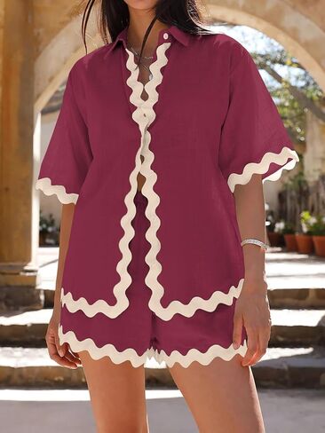 Danedvi Womens 2 Piece Outfits Beach Vacation Summer Short Sleeve Button Down Shirts and Shorts Lounge Sets in Kuwait