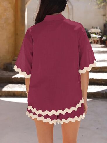 Danedvi Womens 2 Piece Outfits Beach Vacation Summer Short Sleeve Button Down Shirts and Shorts Lounge Sets in Kuwait