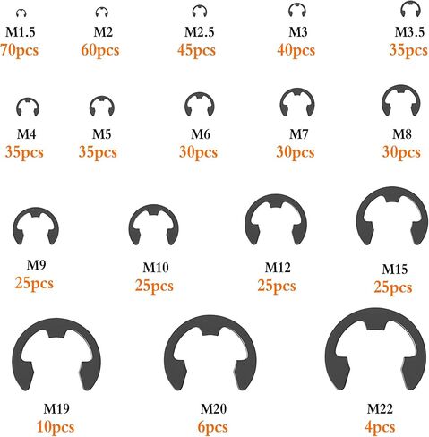 مجموعة متنوعة من حلقات الاحتفاظ بحلقات الإحكام المكونة من 530 قطعة، 17 مقاسًا، مشبك الاحتفاظ بالفولاذ عالي الكربون المعالج بالحرارة، مجموعة متنوعة من المشابك المعدنية M1.5-M22 in Kuwait