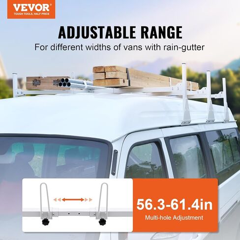 VEVOR Van Ladder Rack, 56.3-61.4" Rain Gutter Van Roof Racks, Alloy Steel Roof Rack with 750 lbs Capacity, Van Roof Ladder Rack with Ladder Stoppers, Compatible with Full-Size Vans, 3 Bars in Saudi Arabia