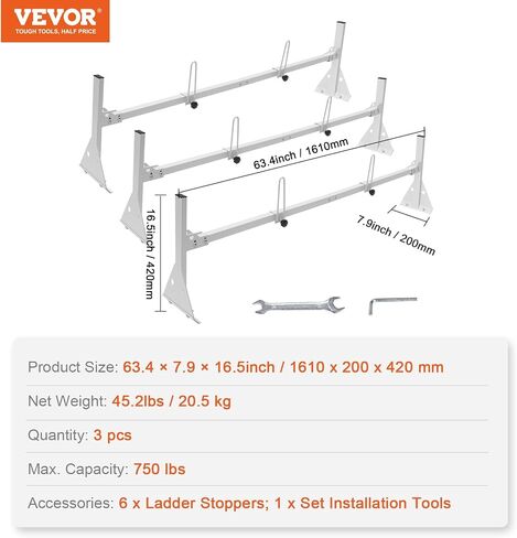 VEVOR Van Ladder Rack, 56.3-61.4" Rain Gutter Van Roof Racks, Alloy Steel Roof Rack with 750 lbs Capacity, Van Roof Ladder Rack with Ladder Stoppers, Compatible with Full-Size Vans, 3 Bars in Saudi Arabia