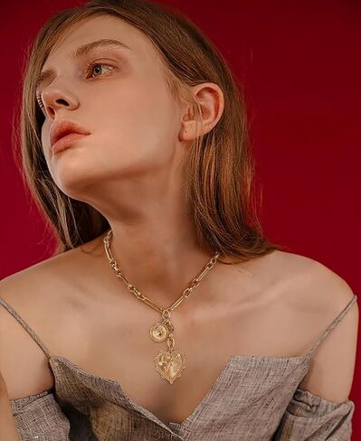 CLASSYZINT 18K Gold Plated Coin Lion Head Pendant Necklace Chunky Paperclip Choker Necklace For Gifts On Birthday Holidays For Women Girls… in Saudi Arabia
