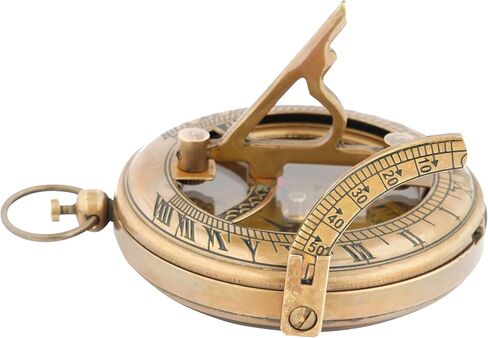 Vintage Sundial Compass - Engraved Brass Pocket Compass with Leather Case - Perfect Antique Brass Nautical Compass for Outdoor Enthusiasts, Camping, Hiking, and Touring, 4 x 4 x 2 inches in Kuwait