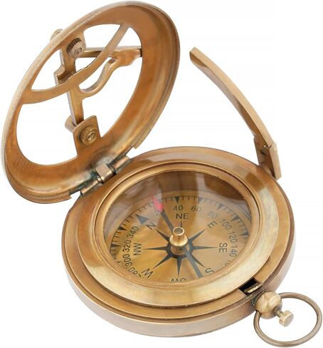 Vintage Sundial Compass - Engraved Brass Pocket Compass with Leather Case - Perfect Antique Brass Nautical Compass for Outdoor Enthusiasts, Camping, Hiking, and Touring, 4 x 4 x 2 inches in Kuwait