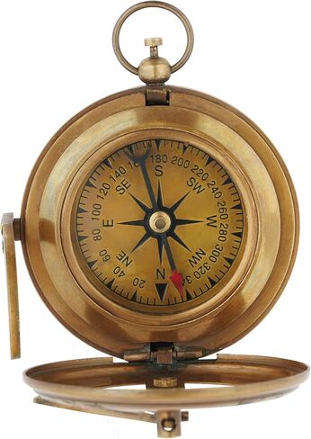 Vintage Sundial Compass - Engraved Brass Pocket Compass with Leather Case - Perfect Antique Brass Nautical Compass for Outdoor Enthusiasts, Camping, Hiking, and Touring, 4 x 4 x 2 inches in Kuwait