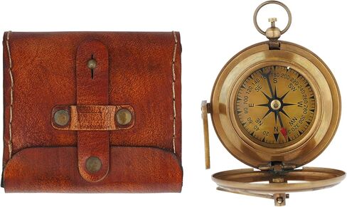 Vintage Sundial Compass - Engraved Brass Pocket Compass with Leather Case - Perfect Antique Brass Nautical Compass for Outdoor Enthusiasts, Camping, Hiking, and Touring, 4 x 4 x 2 inches in Kuwait