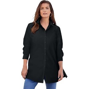Roaman's Women's Plus Size Kate Long-Sleeve Crisp Cotton-Blend Button-Front Tunic in Kuwait