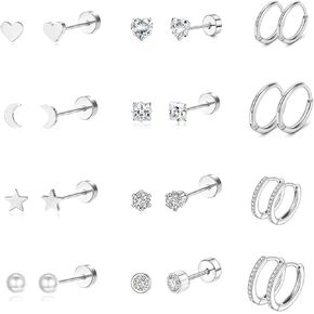 Hypoallergenic 20G 6mm Flat Back Stud Earrings & 18G 8mm/10mm Small Hoop Earrings Set for Women, 12 Pairs Stainless Steel Cartilage Earrings for Multiple Piercings in Saudi Arabia