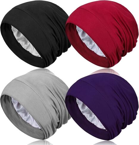 4 Pieces Satin Lined Sleep Bonnet - Adjustable Sleeping Cap Slouchy Beanie Hat for Curly Hair in Saudi Arabia