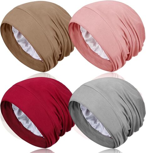 4 Pieces Satin Lined Sleep Bonnet - Adjustable Sleeping Cap Slouchy Beanie Hat for Curly Hair in Saudi Arabia