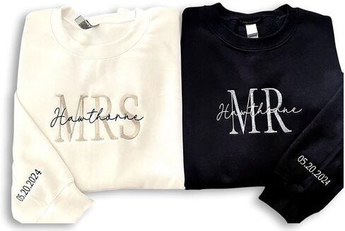 NAZENTI Custom Embroidered Mr & Mrs Sweatshirt & Hoodie, Personalized Couple Names, Custom Date On Sleeve, Engagement Gift in Saudi Arabia