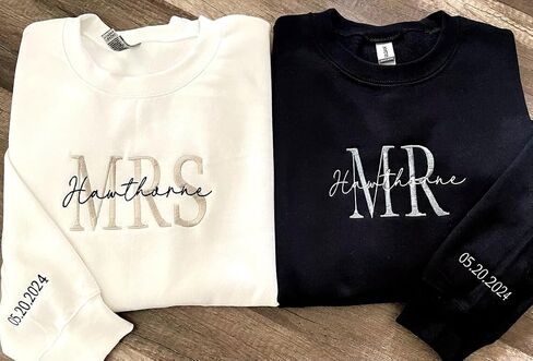 NAZENTI Custom Embroidered Mr & Mrs Sweatshirt & Hoodie, Personalized Couple Names, Custom Date On Sleeve, Engagement Gift in Saudi Arabia