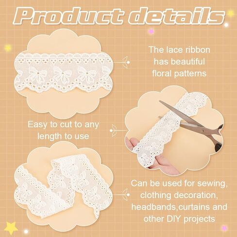 FINGERINSPIRE 15 Yards Bowknot Eyelet Lace Ribbon 1-5/8 inch Wide Light Yellow Bowknot Embroidery Ruffle Lace Trim Old Lace Embroidery Scalloped Lace for Sewing Dresses Clothes Pets Clothes in Kuwait