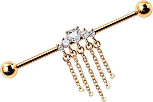 Pierced Owl 14GA Gold Plated 316L Stainless Steel Multi Gems with Dangling Chains Industrial Barbell in Saudi Arabia