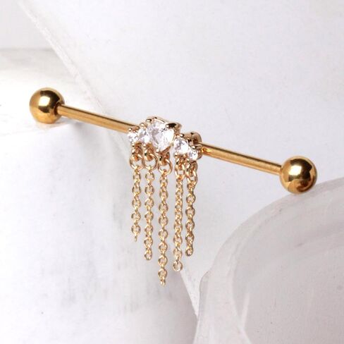 Pierced Owl 14GA Gold Plated 316L Stainless Steel Multi Gems with Dangling Chains Industrial Barbell in Saudi Arabia