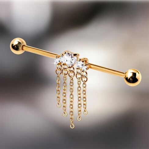 Pierced Owl 14GA Gold Plated 316L Stainless Steel Multi Gems with Dangling Chains Industrial Barbell in Saudi Arabia