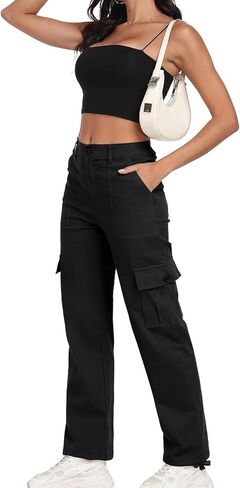 Women's High Waisted Cargo Pants Baggy Y2K Streetwear Stretchy Pants with 6 Pockets Ankle Drawstring in Kuwait