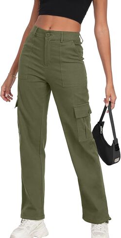 Women's High Waisted Cargo Pants Baggy Y2K Streetwear Stretchy Pants with 6 Pockets Ankle Drawstring in Kuwait