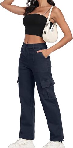 Women's High Waisted Cargo Pants Baggy Y2K Streetwear Stretchy Pants with 6 Pockets Ankle Drawstring in Kuwait